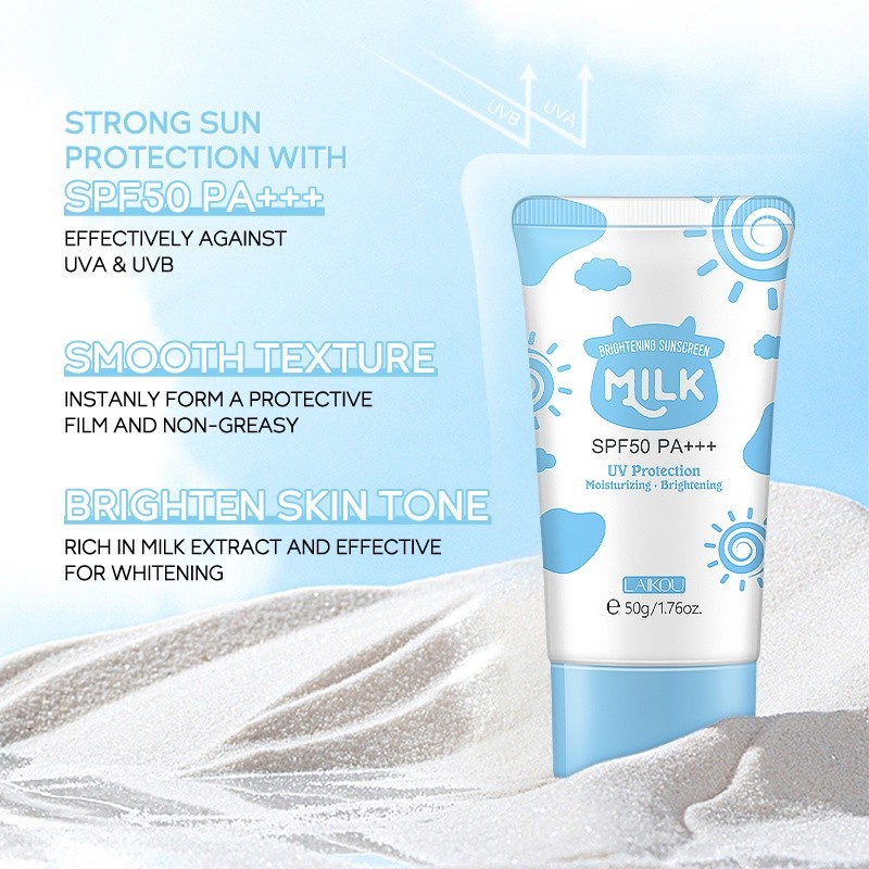 LAIKOU Milk Brightening Sunscreen SPF50 PA+++ UV Protection Face Body Sunblock Long Lasting Waterproof Sun Cream 50g(FROM MALAYSIA) - View 3 of 3