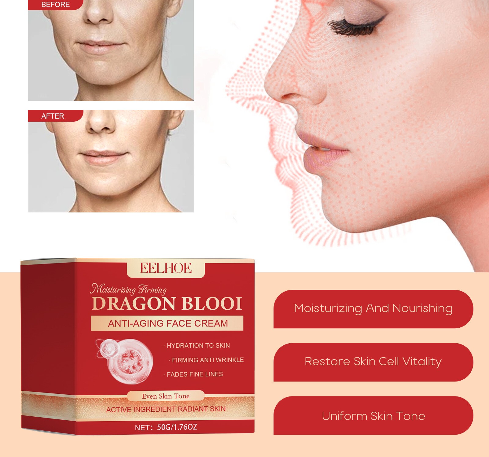 Eelhoe Dragon Blood Anti-Aging Face Cream Moisturizing Hydrating Brightening Firming Skin Care Cream for Fine Lines Wrinkles Youthful Radiant Complexion Daily Facial Treatment 50g - View 2 of 3