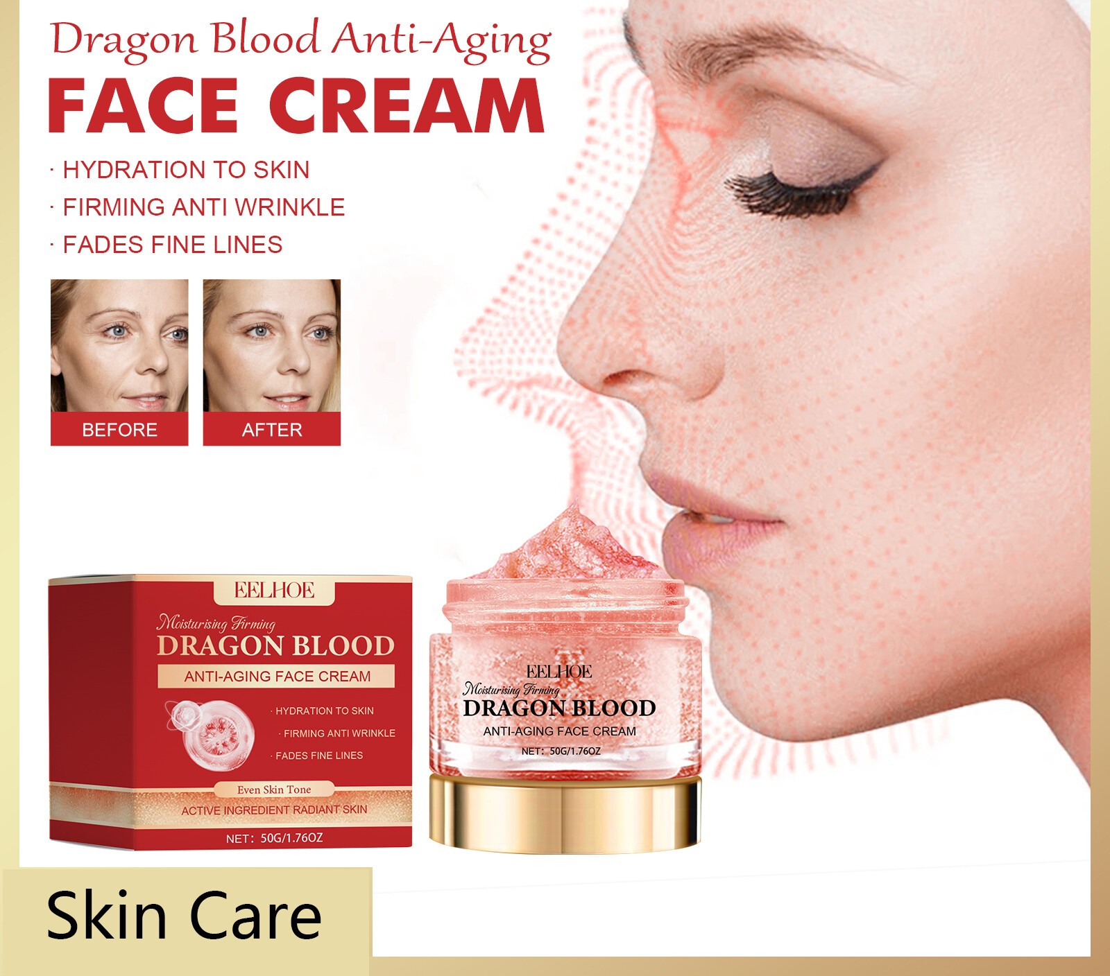 Eelhoe Dragon Blood Anti-Aging Face Cream Moisturizing Hydrating Brightening Firming Skin Care Cream for Fine Lines Wrinkles Youthful Radiant Complexion Daily Facial Treatment 50g - View 3 of 3