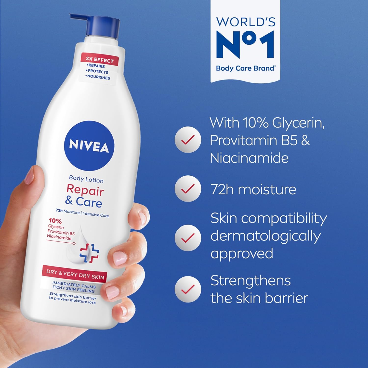NIVEA Body Lotion for Very Dry Skin, Repair & Care, with 10% Glycerin, ProVitamin B5 and Niacinamide, 72H Relief from Dry & Tight Skin, 400ml - View 7 of 7