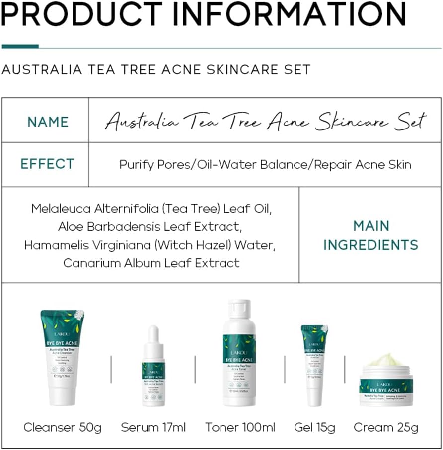 LAIKOU Tea Tree Skincare Set, Acne Treatment Remove Shrink Pores Control Oil Gift ,with Cleanser, Toner, Serum, Cream, Gel, for Teenage Girls Women All Skin, - View 2 of 9