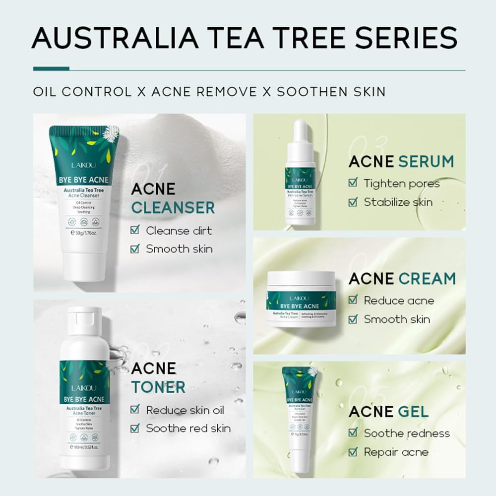 LAIKOU Tea Tree Skincare Set, Acne Treatment Remove Shrink Pores Control Oil Gift ,with Cleanser, Toner, Serum, Cream, Gel, for Teenage Girls Women All Skin, - View 4 of 9