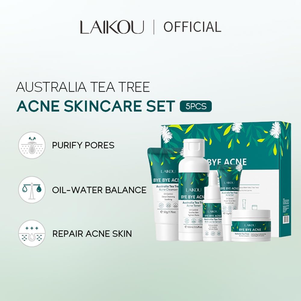 LAIKOU Tea Tree Skincare Set, Acne Treatment Remove Shrink Pores Control Oil Gift ,with Cleanser, Toner, Serum, Cream, Gel, for Teenage Girls Women All Skin, - View 9 of 9