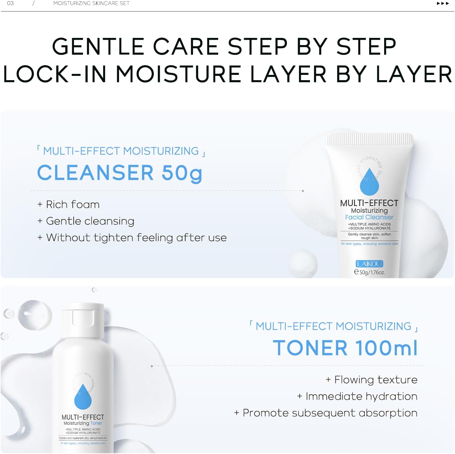 LAIKOU Multi-effect Moisturizing Skincare Set, 5 pcs Hydration Skin Care, Travel Size Skincare Kit with Cleanser Facial, Toner Hydrating, Face Serum, Eye Cream and Moisturiser Cream - View 3 of 9