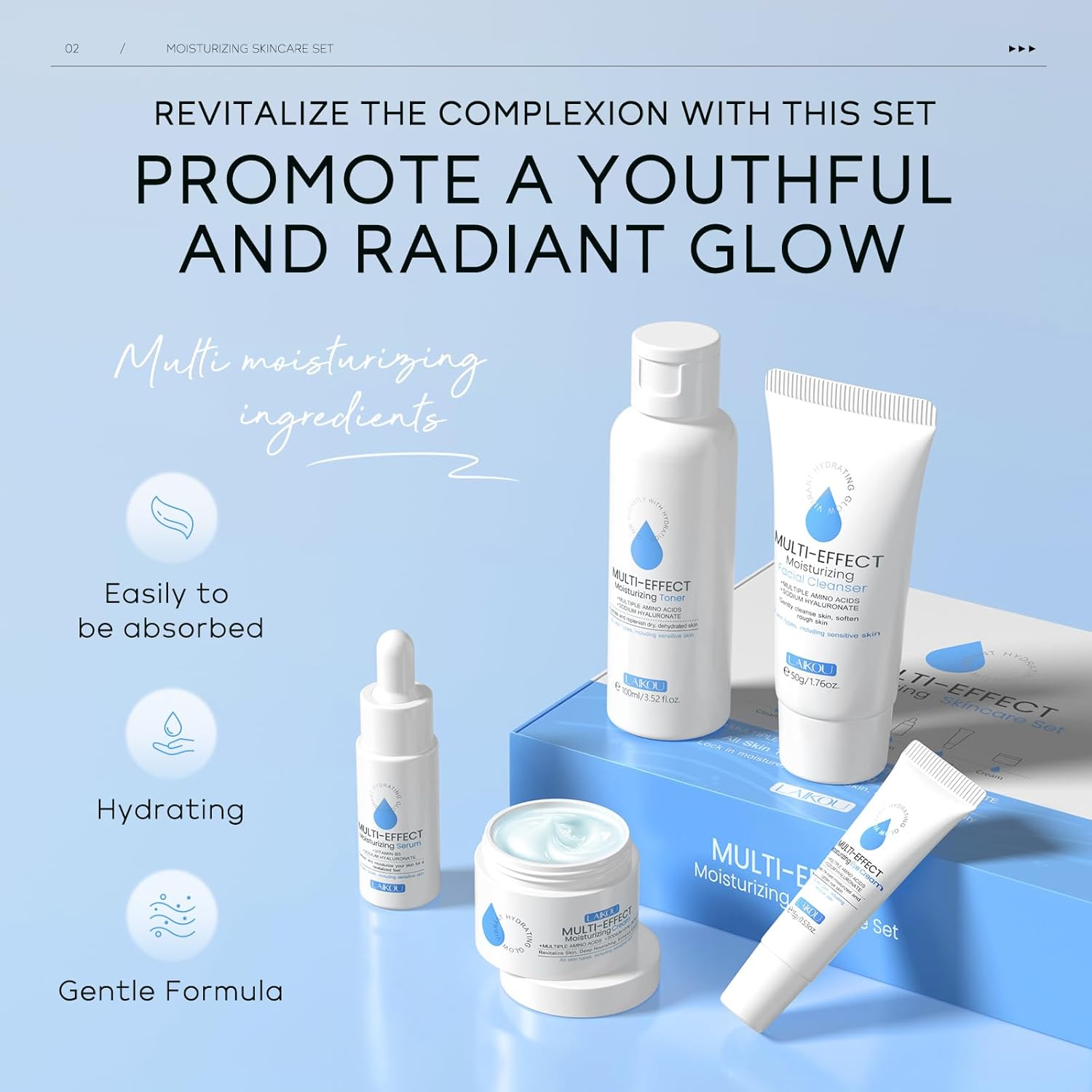 LAIKOU Multi-effect Moisturizing Skincare Set, 5 pcs Hydration Skin Care, Travel Size Skincare Kit with Cleanser Facial, Toner Hydrating, Face Serum, Eye Cream and Moisturiser Cream - View 4 of 9