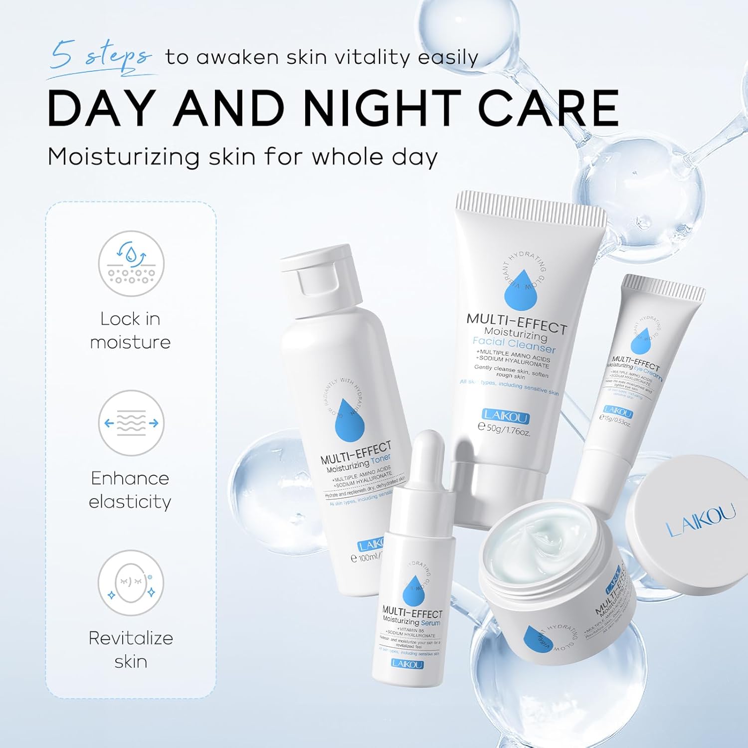 LAIKOU Multi-effect Moisturizing Skincare Set, 5 pcs Hydration Skin Care, Travel Size Skincare Kit with Cleanser Facial, Toner Hydrating, Face Serum, Eye Cream and Moisturiser Cream - View 9 of 9