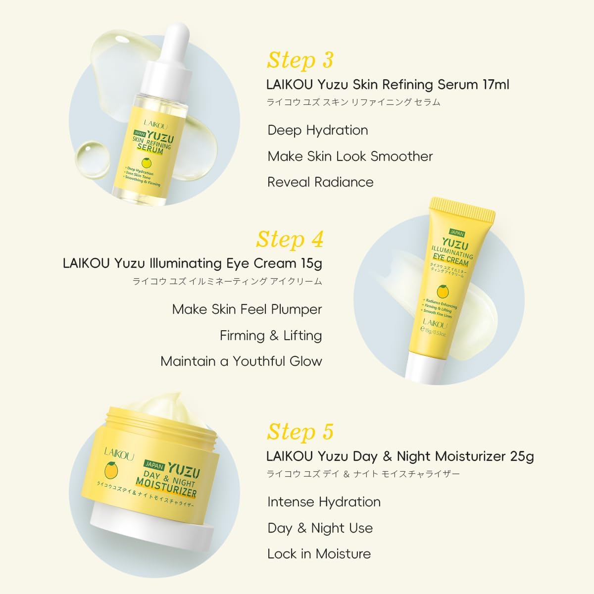 LAIKOU Yuzu Radiance Skincare Set - 5-Piece Skin Care Kit for Men & Women, Includes Cleanser, Toner, Serum, Eye Cream, and Moisturizer for Glowing Skin - View 2 of 9