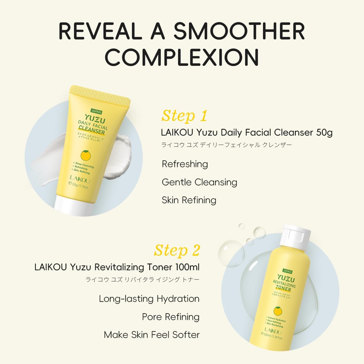 LAIKOU Yuzu Radiance Skincare Set - 5-Piece Skin Care Kit for Men & Women, Includes Cleanser, Toner, Serum, Eye Cream, and Moisturizer for Glowing Skin - View 3 of 9
