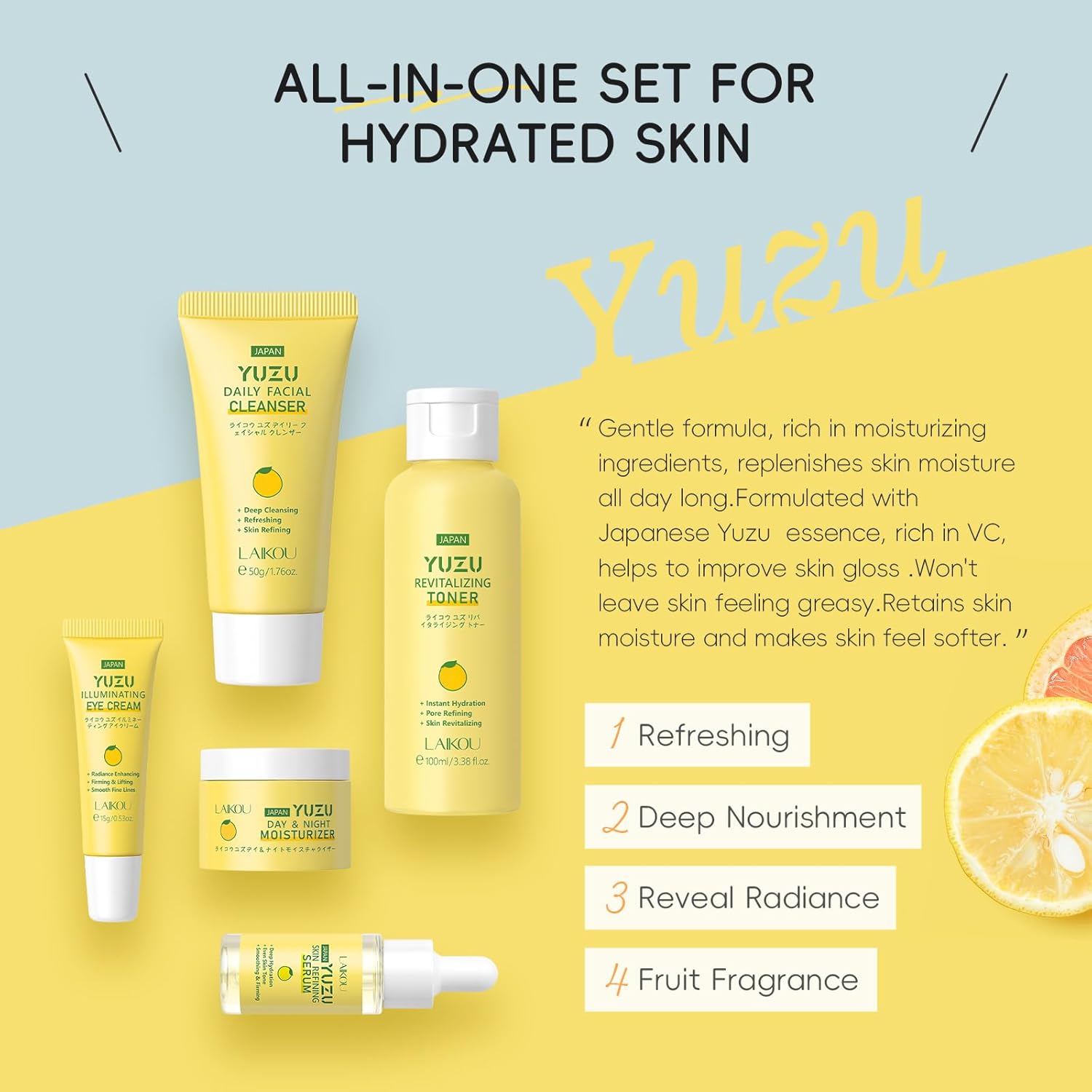 LAIKOU Yuzu Radiance Skincare Set - 5-Piece Skin Care Kit for Men & Women, Includes Cleanser, Toner, Serum, Eye Cream, and Moisturizer for Glowing Skin - View 9 of 9