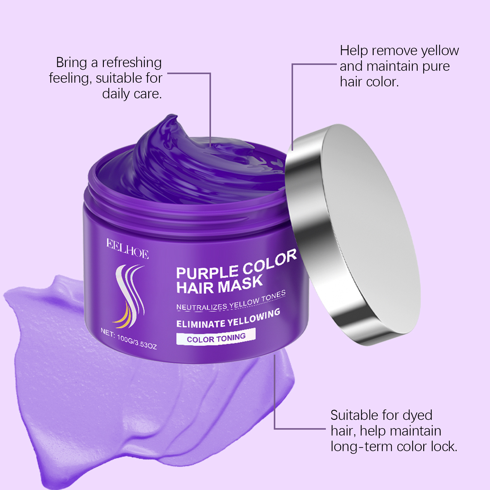 EELHOE Keratin Purple Hair Mask Gray Color Fixing Hair Fading Yellow Bleach For Hair Repair Cover Grey Blonde Hair Smoothing Hair 100g(FROM MALAYSIA) - View 2 of 3