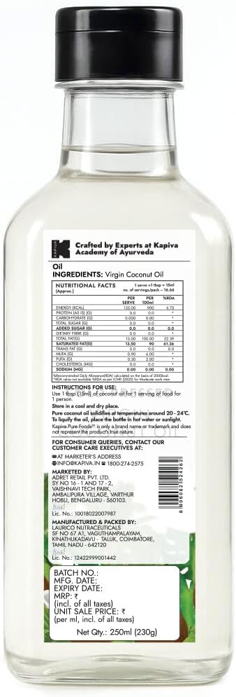 Kapiva Virgin Cold-Pressed Coconut Oil 250ml | 100% Pure, Unrefined, Organic & Edible | For Cooking, Skin & Baby Care, Oil Pulling | Coconut Oil For Hair | Keto Friendly - View 8 of 8