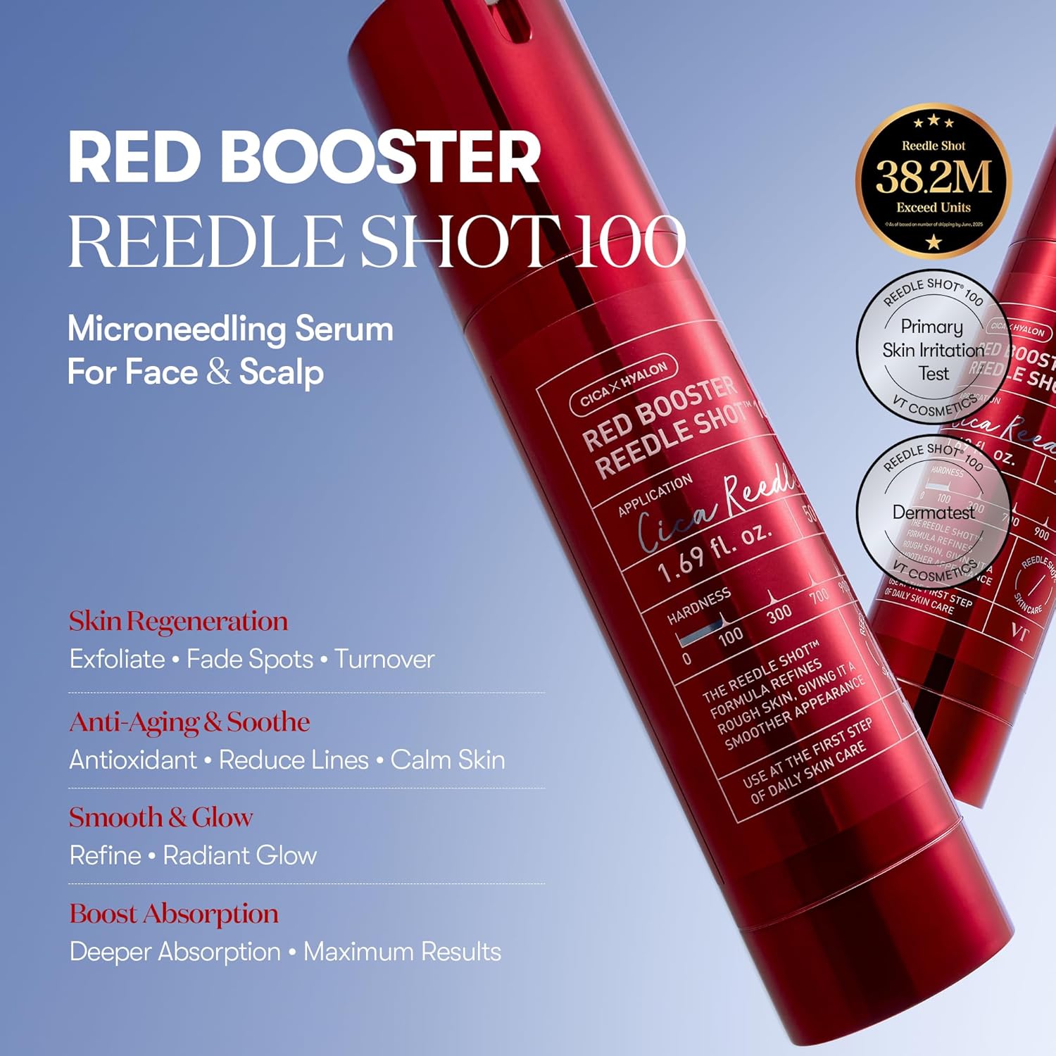 VT COSMETICS Red Booster Reedle Shot 100, Microneedling Serum with Dragon’s Blood, Exosome, Soothing Relief Serum for Irritated, and Sun-Stressed Skin, Scalp Care, Korean Skincare 1.69 fl oz (50ml) - View 7 of 7