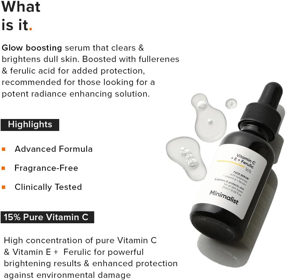 Minimalist Vitamin C 16% Face Serum with Ferulic Acid & Vitamin E | Advanced Skin Brightening & Anti-Aging |Potent Antioxidant for Sun Damage & Dark Spots|86% Pure Ethyl Ascorbic Acid Fullerene|30 ml - View 6 of 6
