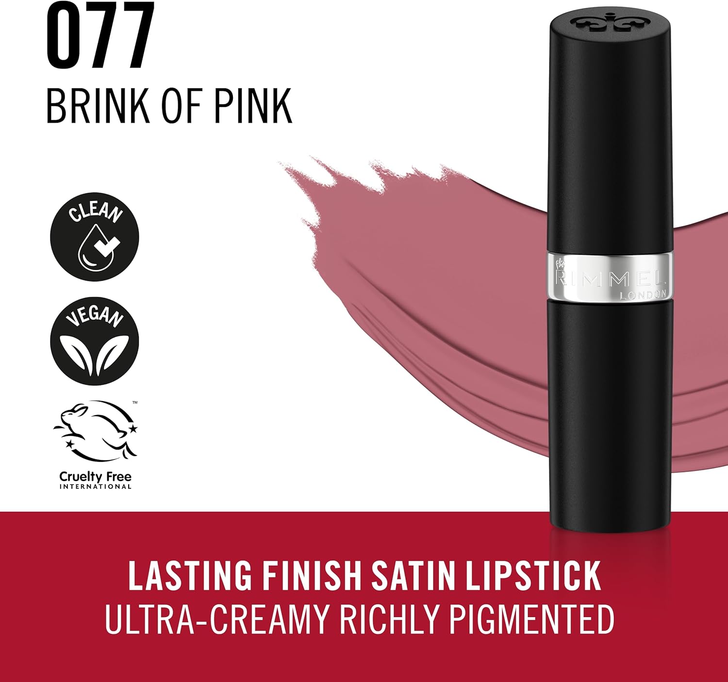 Rimmel London Lasting Finish, 077 Asia, Satin Lipstick, Long-Lasting, Satin Finish, Rich Colour, Moisturising, Vegan Formula, 4g - View 4 of 8
