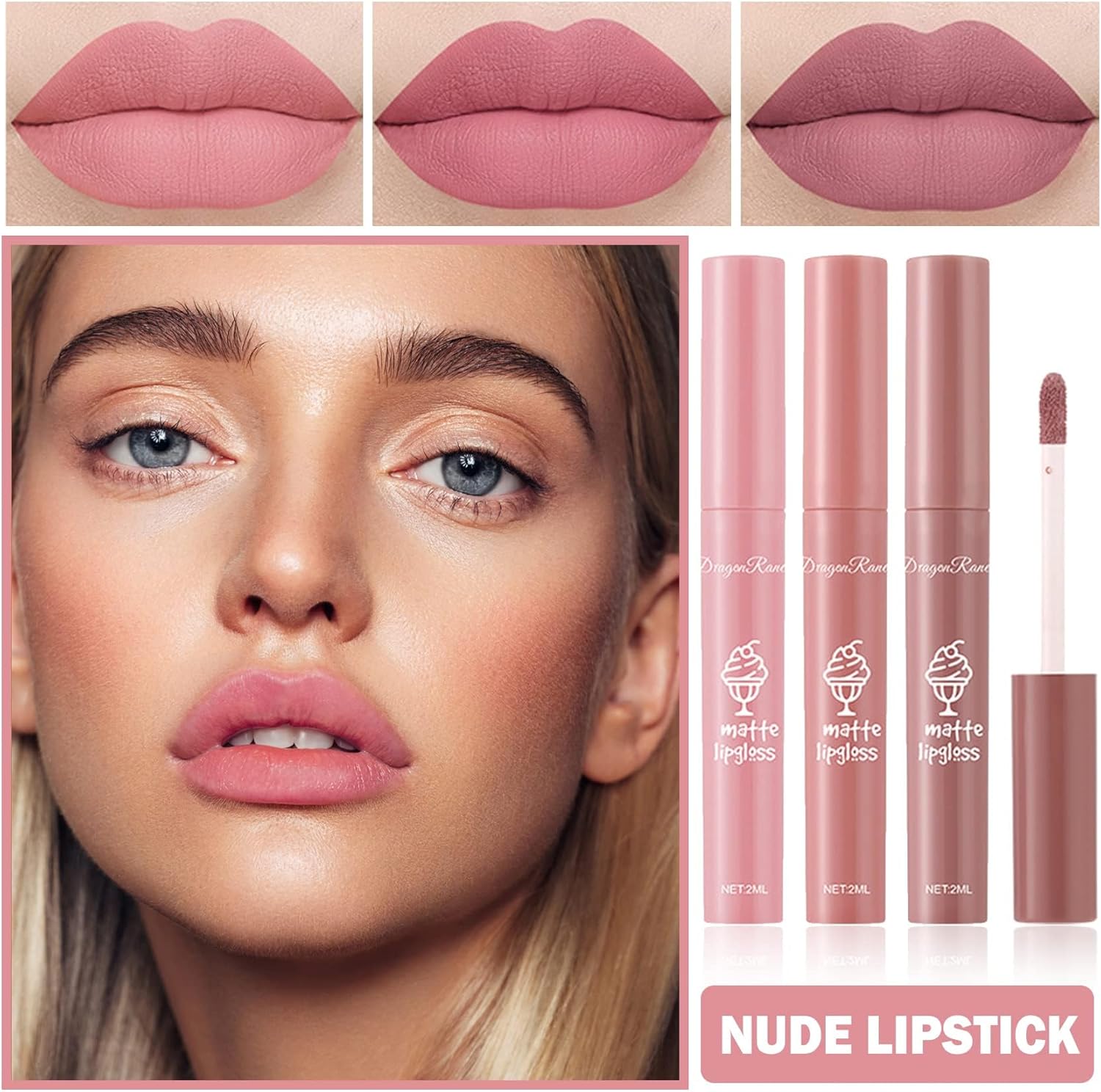 3 Colors Matte Lipstick Nude Lipstick Liquid Lipstick Set Velvet Lip Stick Lip Stain Long Lasting Waterproof Non-stick Cup Nude Lip Gloss Makeup Gift Kit for Women Girls - View 4 of 6