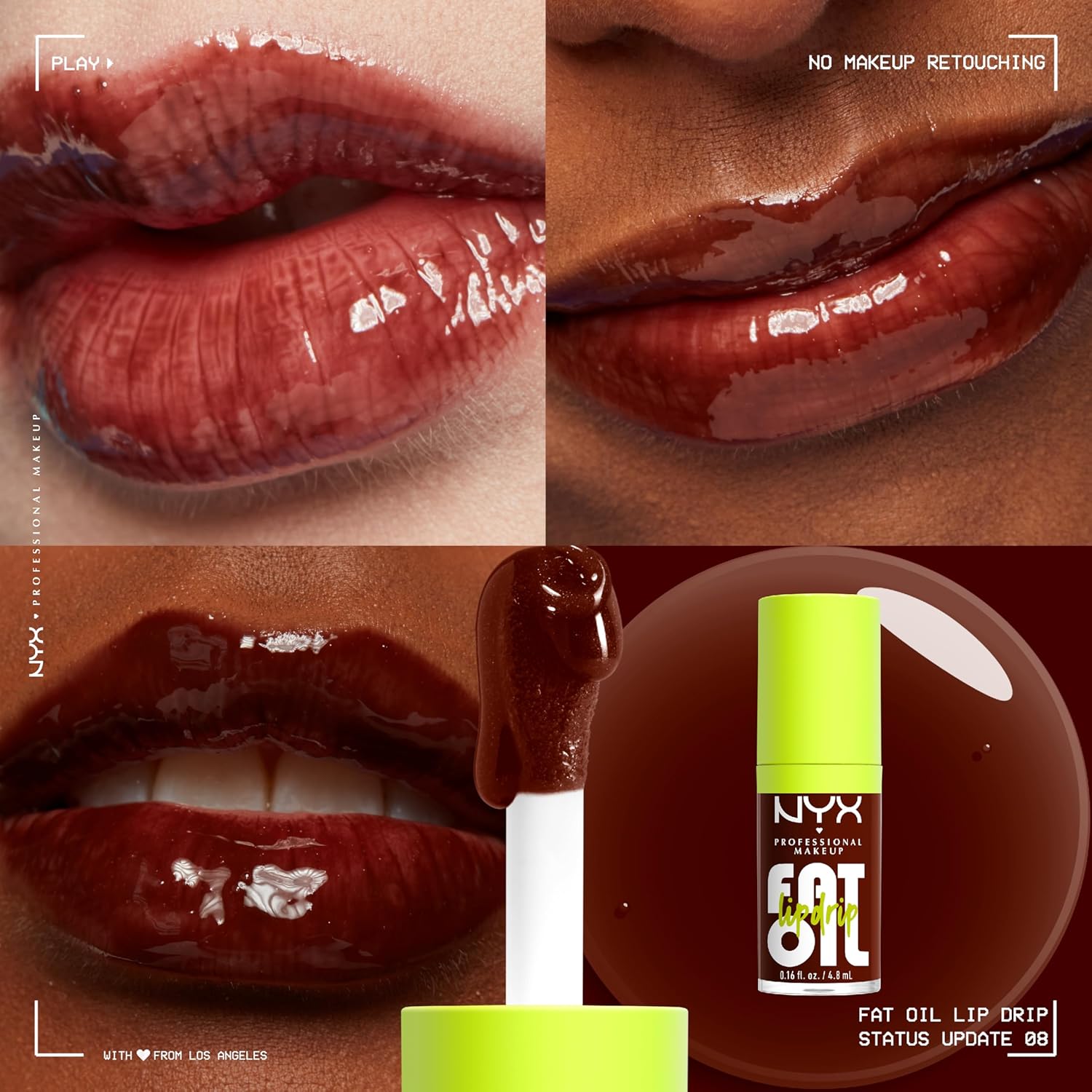 NYX Professional Makeup Moisturising Lip Gloss, Intense Shine, With Thick Applicator and Nourishing Oils, Fat Oil Lip Drip, Set of 4, Colours: My Main, News Feed, Status Update, Missed Call - View 3 of 7