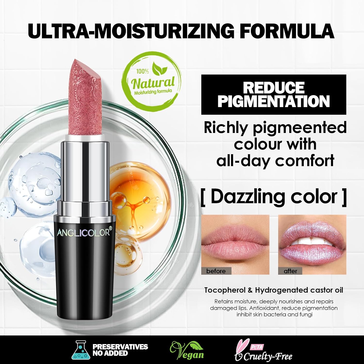Anglicolor Glitter Metallic Pink Lipstick,High Impact Shimmer Lipcolor,Lightweight Hydrating Formula Smooth and Non-Sticky,Rose Lipstick For Women,Full-Coverage Lip Makeup (04 BLUSH WINES) - View 3 of 7