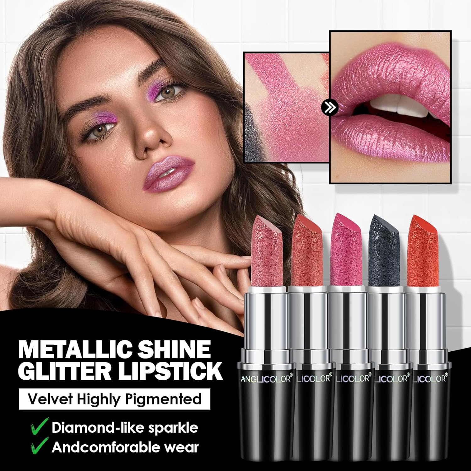 Anglicolor Glitter Metallic Pink Lipstick,High Impact Shimmer Lipcolor,Lightweight Hydrating Formula Smooth and Non-Sticky,Rose Lipstick For Women,Full-Coverage Lip Makeup (04 BLUSH WINES) - View 7 of 7