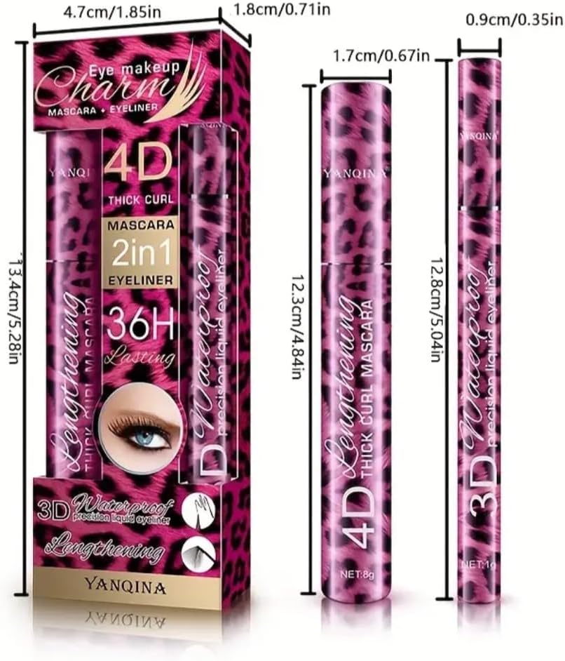 YANQINA Mascara / 2-in-1 Waterproof 4D Mascara and Eyeliner Set, Pink Leopard Print, Black, Waterproof - View 5 of 5