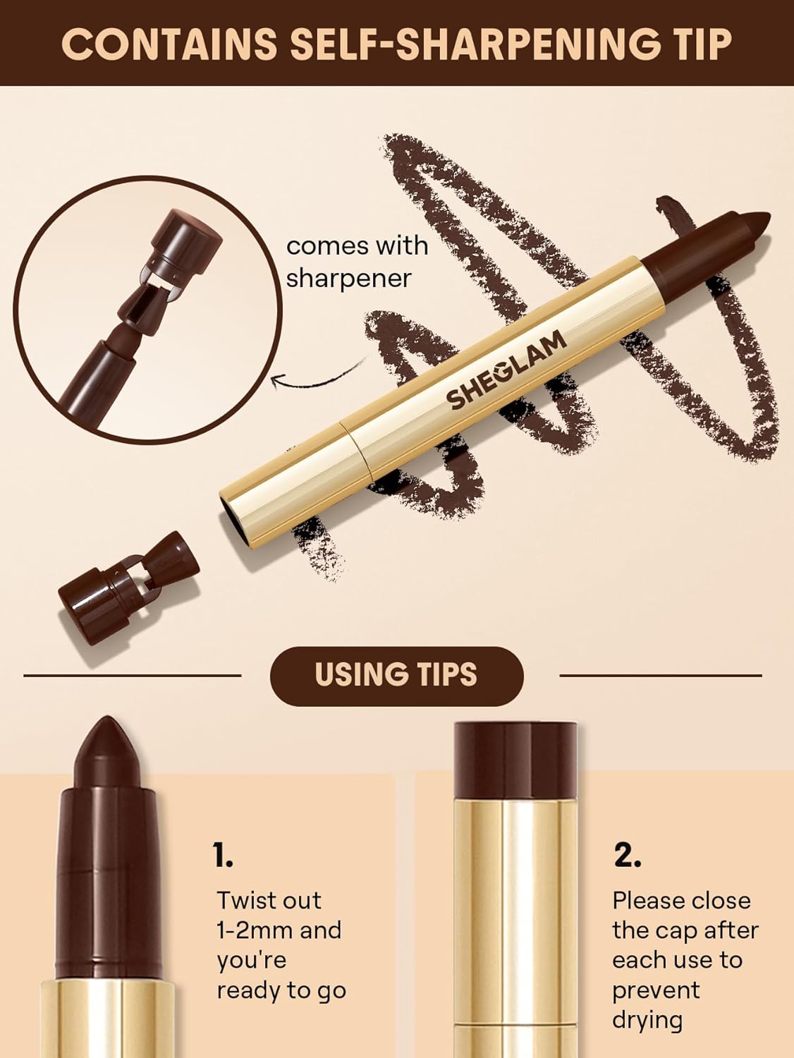 SHEGLAM Bold Moves Cream Eyeliner Pencil – Waterproof Kohl Eyeliner, Smooth Cream Formula, Long-Lasting Smudge-Resistant Eye Liner with Built-In Sharpener & Rich Color Payoff (Brown) - View 2 of 5