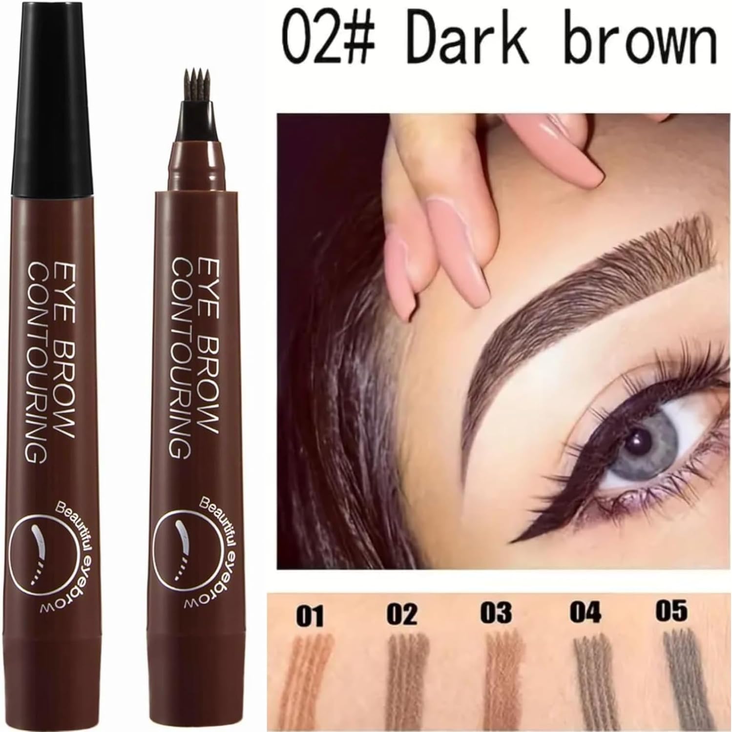 Microblading Eyebrow Pencil Dark Brown Faux Brow Pen Eyebrow Tint, Smudge-Proof & Long-Lasting Waterproof Eyebrow Pen, 4 Fork Tip Brow Pencil for Natural Hair-Like Defined Eyebrows (DARK BROWN #02) - View 5 of 5