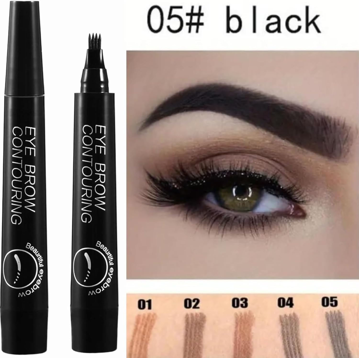 Microblading Eyebrow Pencil Black Faux Brow Pen Eyebrow Tint, Smudge-Proof & Long-Lasting Waterproof Eyebrow Tattoo Pen, 4 Fork Tip Brow Pencil for Natural Hair-Like Defined Eyebrows (BLACK #05) - View 5 of 5