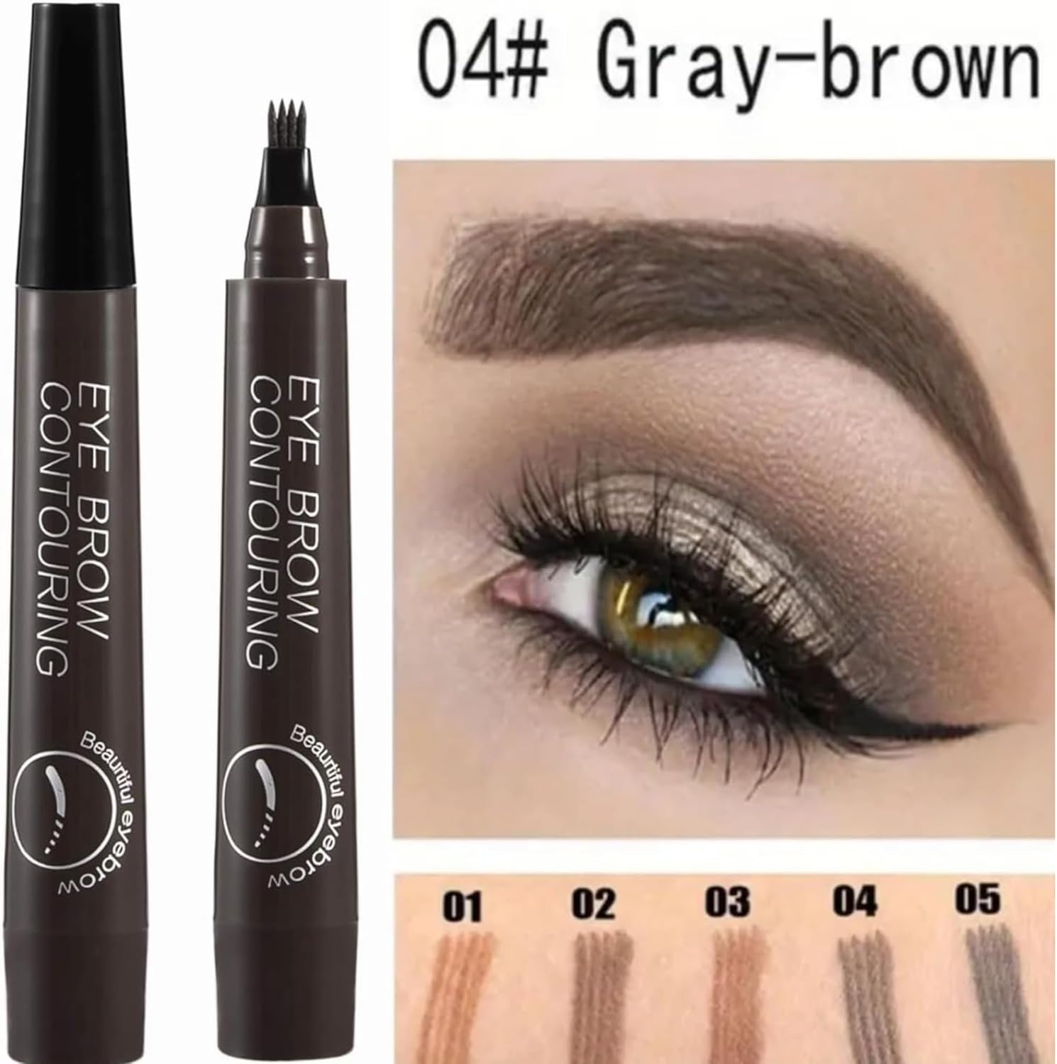 Microblading Eyebrow Pencil Gray Brown Faux Brow Pen Eyebrow Tint, Smudge-Proof & Long-Lasting Waterproof Eyebrow Tattoo Pen, 4 Fork Tip Brow Pencil for Natural Hair-Like Defined Eyebrows (GRAY #04) - View 5 of 5