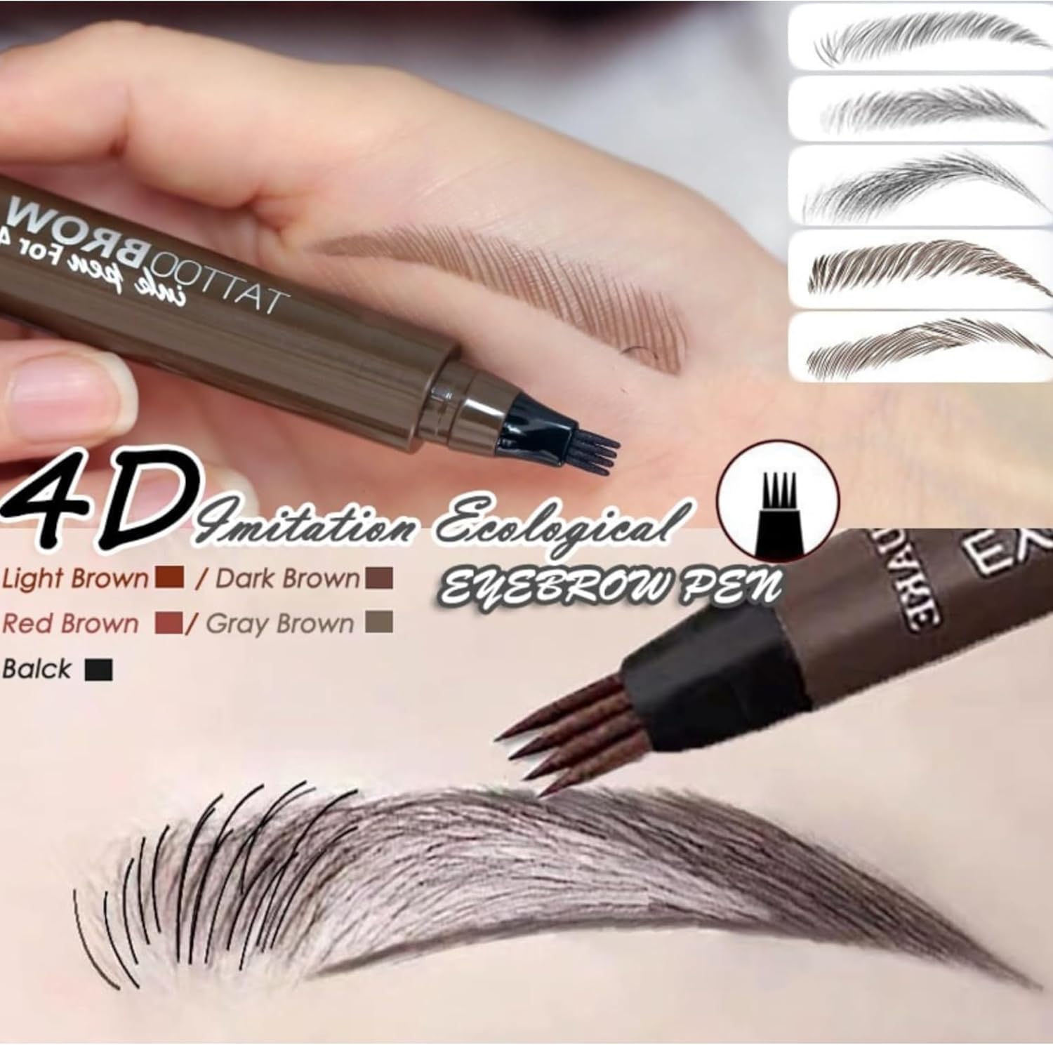 Microblading Eyebrow Pencil Brown Faux Brow Pen Eyebrow Tint, Smudge-Proof & Long-Lasting Waterproof Eyebrow Tattoo Pen, 4 Fork Tip Brow Pencil for Natural Hair-Like Defined Eyebrows (LIGHT BROWN) - View 3 of 4