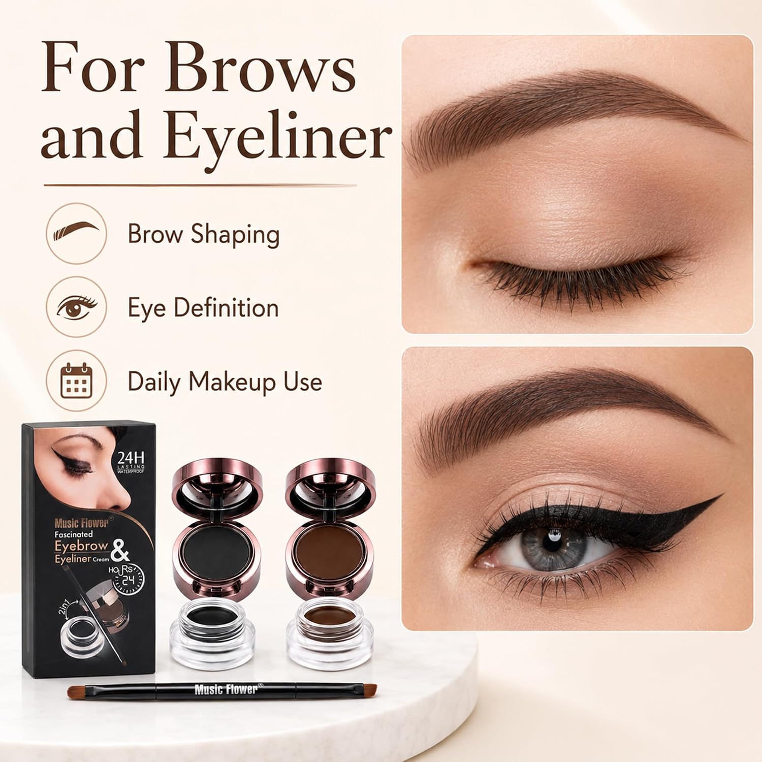 Eyebrow Gel and Eyeliner Cream Set Black and Brown 2 Colors with Dual-Ended Brush Long-Lasting Eye Makeup Cream for Brows and Eyeliner - View 4 of 8
