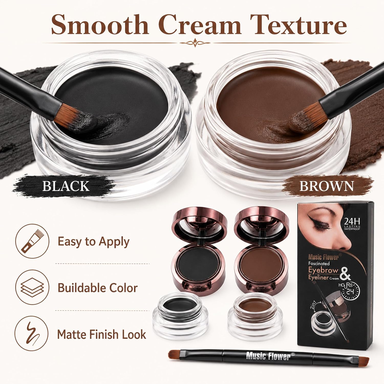 Eyebrow Gel and Eyeliner Cream Set Black and Brown 2 Colors with Dual-Ended Brush Long-Lasting Eye Makeup Cream for Brows and Eyeliner - View 6 of 8