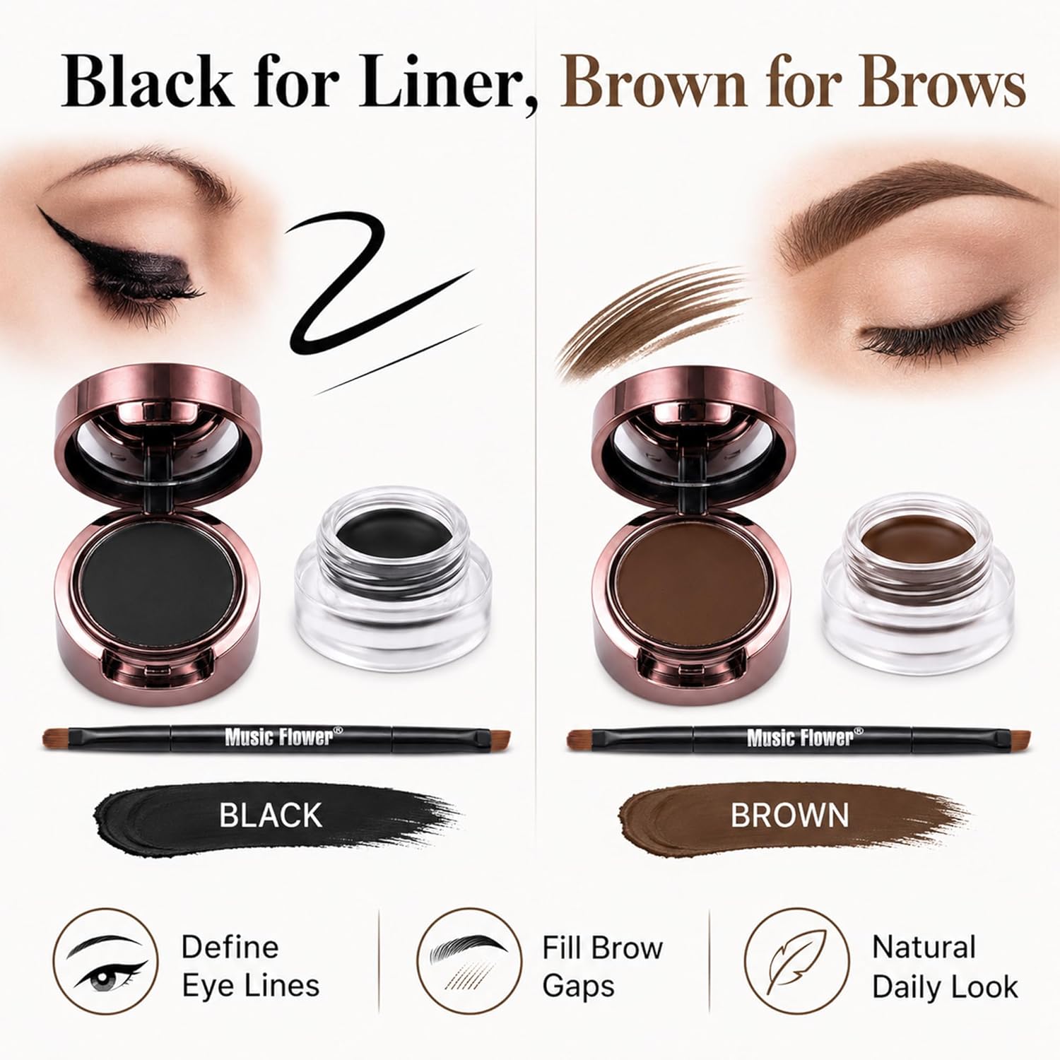 Eyebrow Gel and Eyeliner Cream Set Black and Brown 2 Colors with Dual-Ended Brush Long-Lasting Eye Makeup Cream for Brows and Eyeliner - View 7 of 8