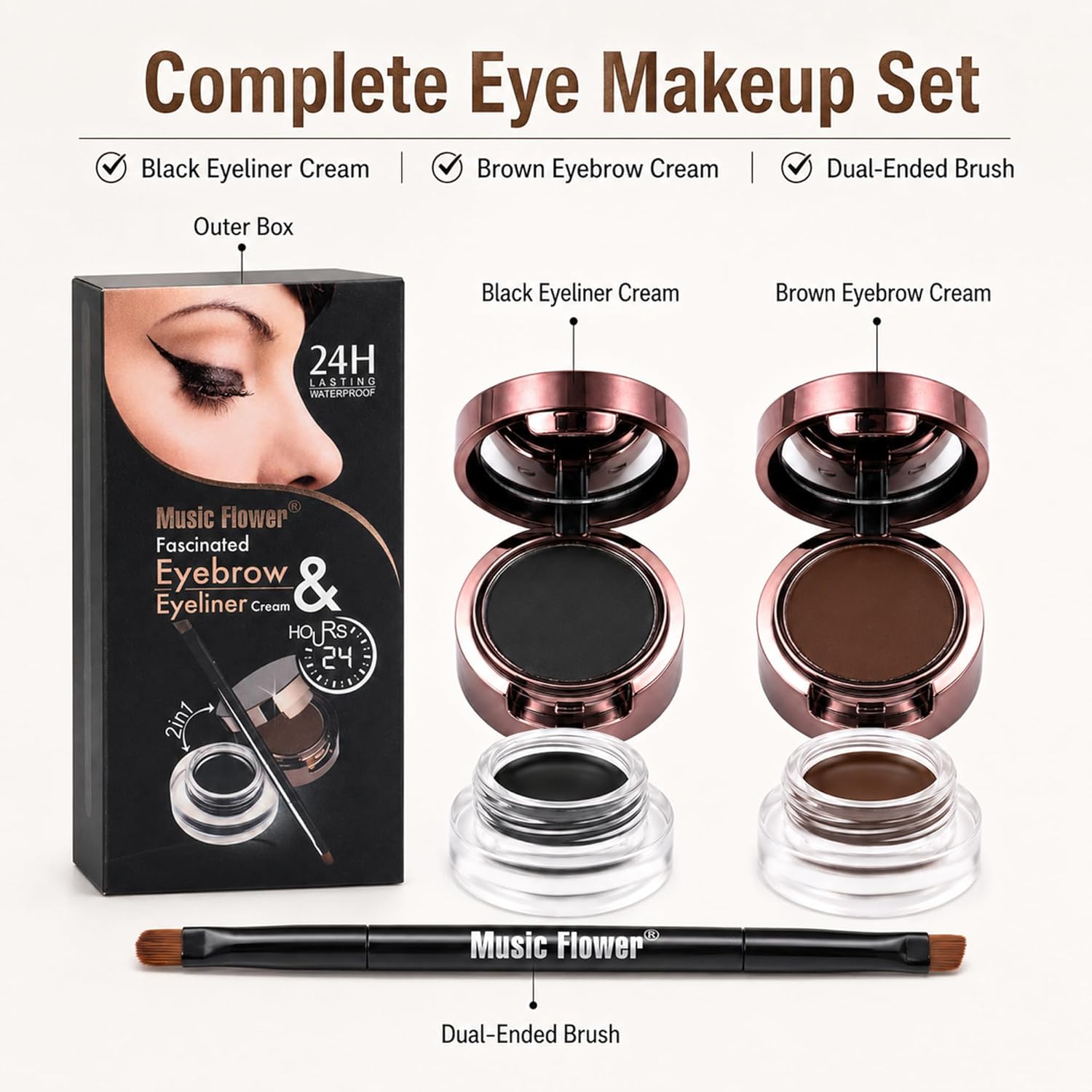 Eyebrow Gel and Eyeliner Cream Set Black and Brown 2 Colors with Dual-Ended Brush Long-Lasting Eye Makeup Cream for Brows and Eyeliner - View 8 of 8