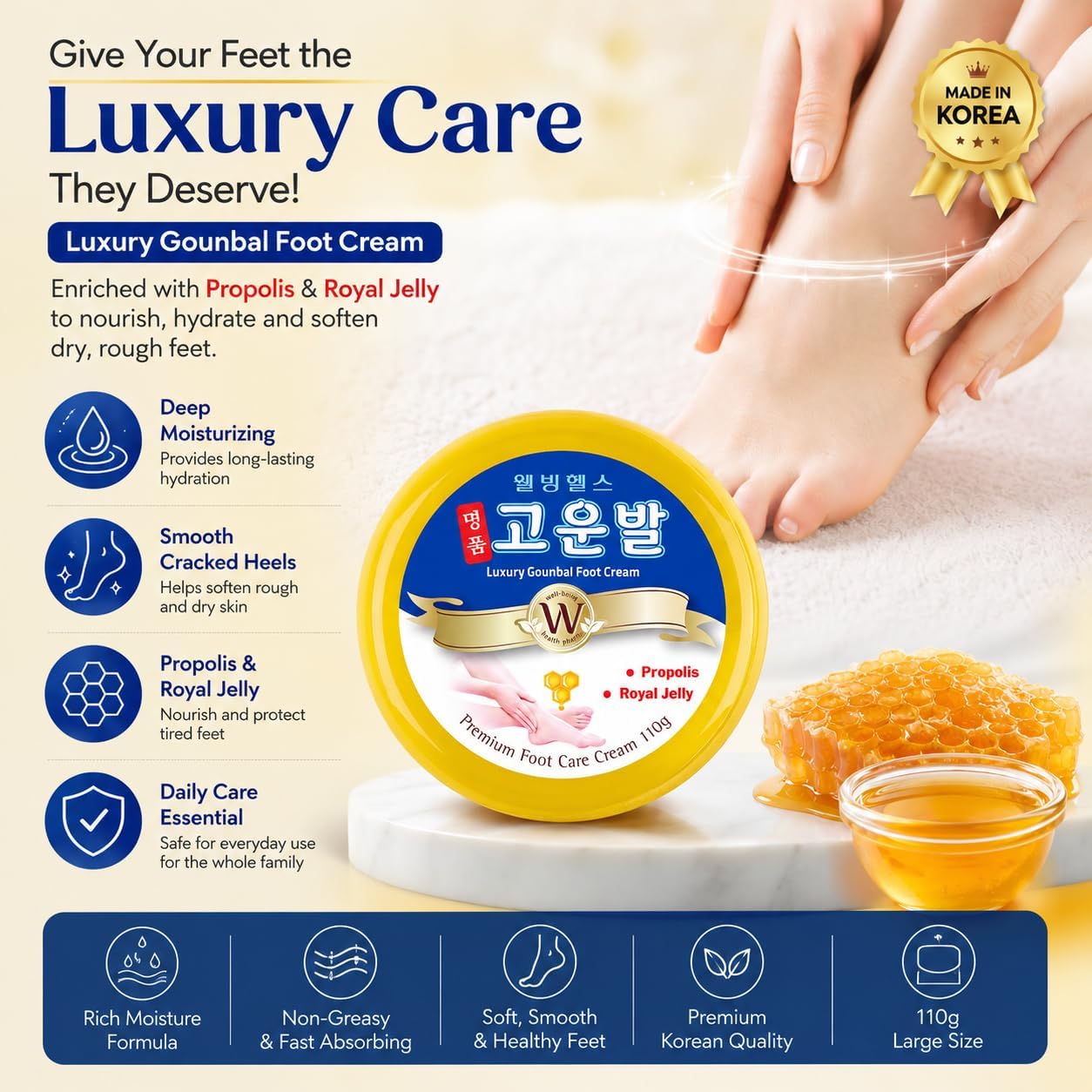 3WB Luxury Gounbal Foot Cream, Intensive Moisturizing Heel Repair Cream for Dry & Cracked Feet, With Propolis & Royal Jelly, Softens Rough Skin, Made in Korea, 110g - View 5 of 5