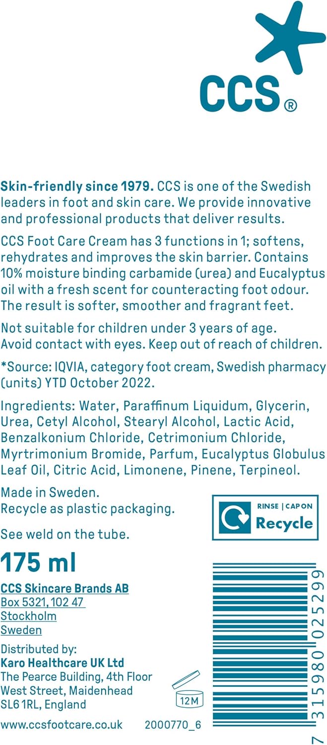 CCS Professional Foot Care Cream 175 ml - Moisturise and Protect Dry and Callused Feet, Contains 10% Urea and Eucalyptus Oil, Clinically Tested, Suitable for Diabetics - View 2 of 7