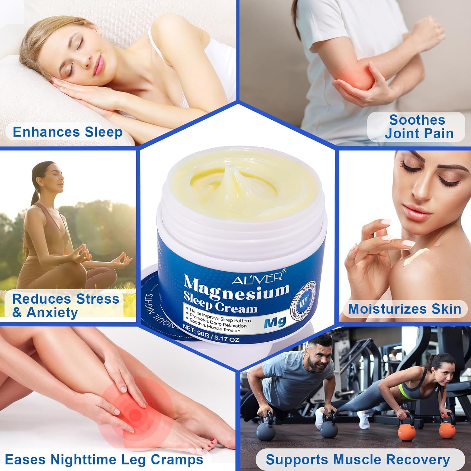 Aliver Pure Magnesium Cream 90G, Oil For Sleep And Feet, Restless Legs,Body Relaxation,Magnesium Topical Lotion Butter Soothes Muscle Tension - View 5 of 7