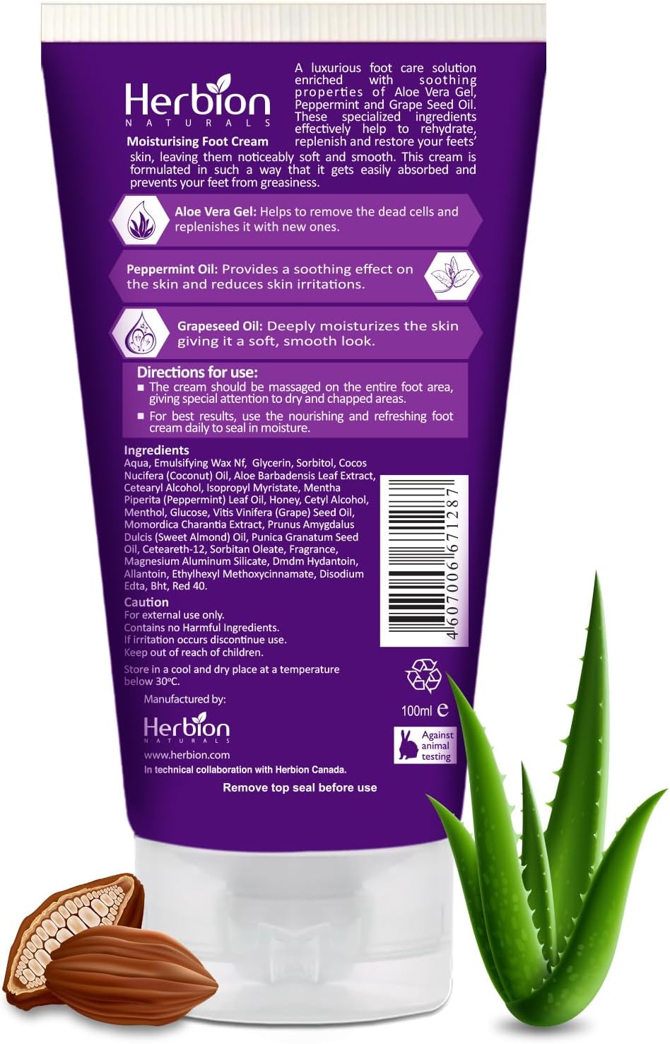 Herbion Naturals Moisturising Foot Cream 100 ml – With Cocoa Butter, Aloe Vera and Peppermint - View 4 of 4