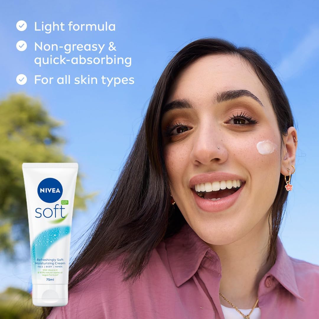 NIVEA Soft Moisturising Cream, A Moisturising Cream for Face, Body and Hands with Vitamin E and Jojoba Oil, Hand Cream Moisturises Deeply, All-Purpose Day Cream Tube, 75ml - View 2 of 6