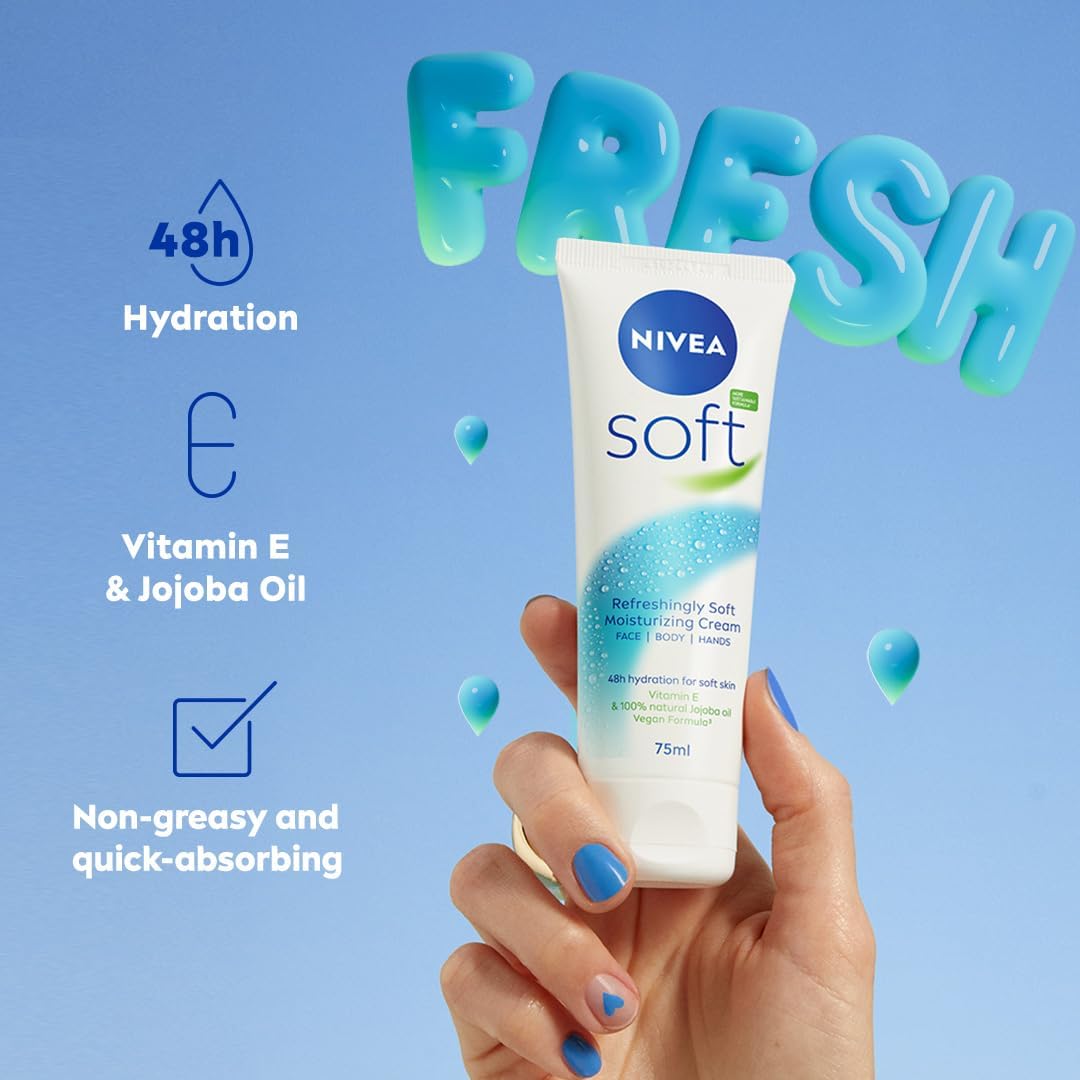 NIVEA Soft Moisturising Cream, A Moisturising Cream for Face, Body and Hands with Vitamin E and Jojoba Oil, Hand Cream Moisturises Deeply, All-Purpose Day Cream Tube, 75ml - View 3 of 6
