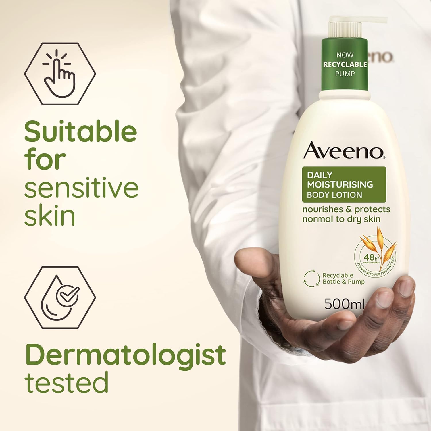 Aveeno Daily Moisturising Body Lotion, With Soothing Oats & Rich Emollients, Suitable For Sensitive Skin, Nourishes and Protects Skin, Fragrance Free, 500ml - View 4 of 6