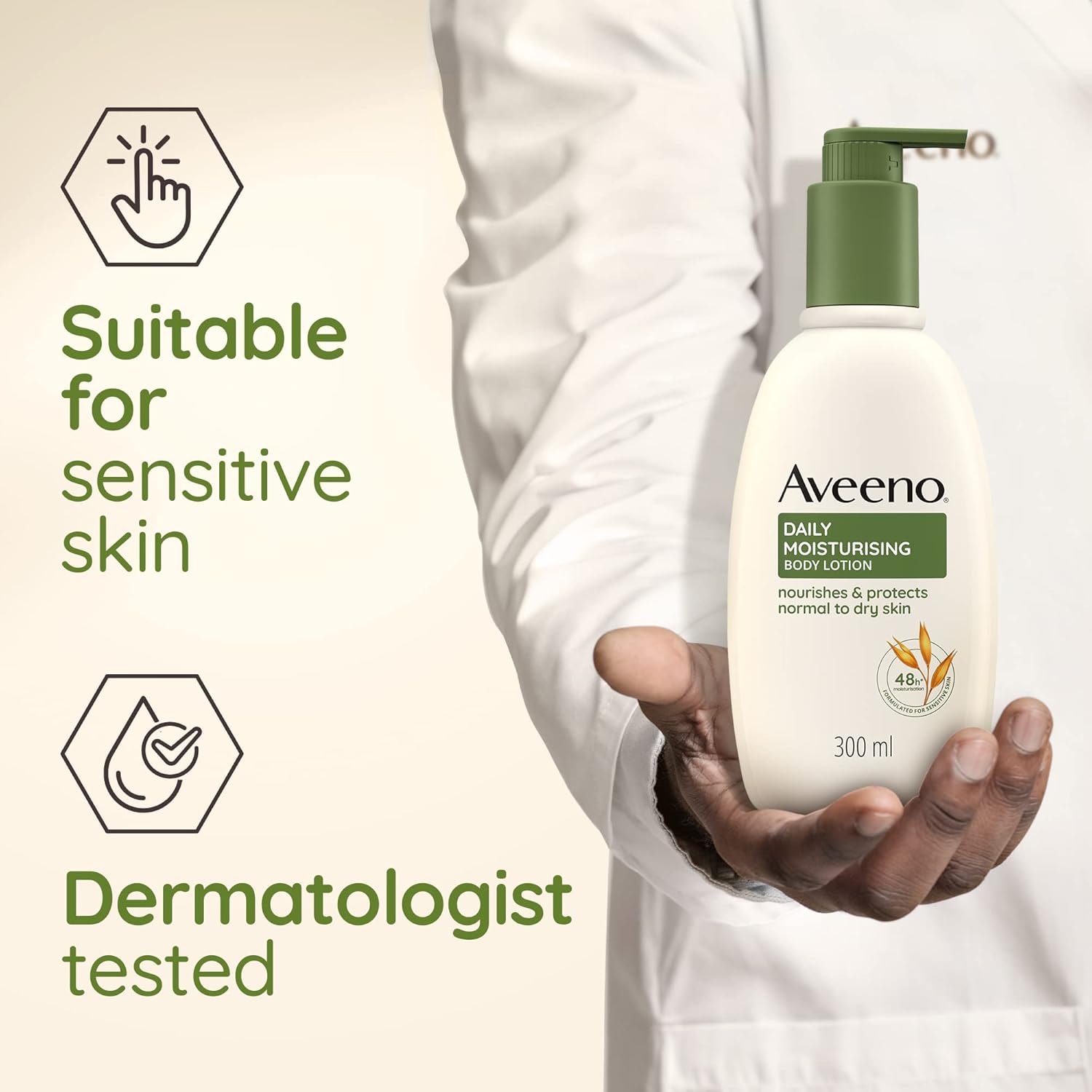 Aveeno Daily Moisturising Body Lotion, With Soothing Oats & Rich Emollients, Suitable For Sensitive Skin, Nourishes and Protects Skin, Fragrance Free, 300ml - View 4 of 6