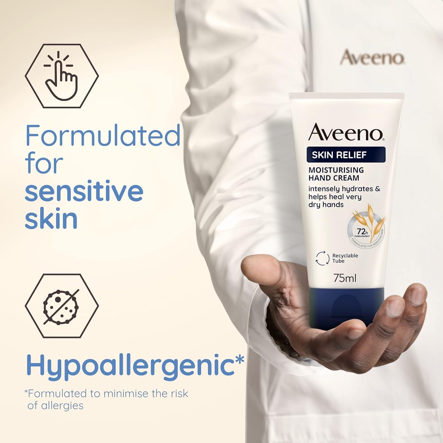 Aveeno Skin Relief Moisturising Hand Cream, With Soothing Triple Oat Complex & Shea Butter, Suitable For Sensitive Skin, Intense Hydration, Helps Relieve Dry and Tight Skin, Unscented, 75ml - View 3 of 5