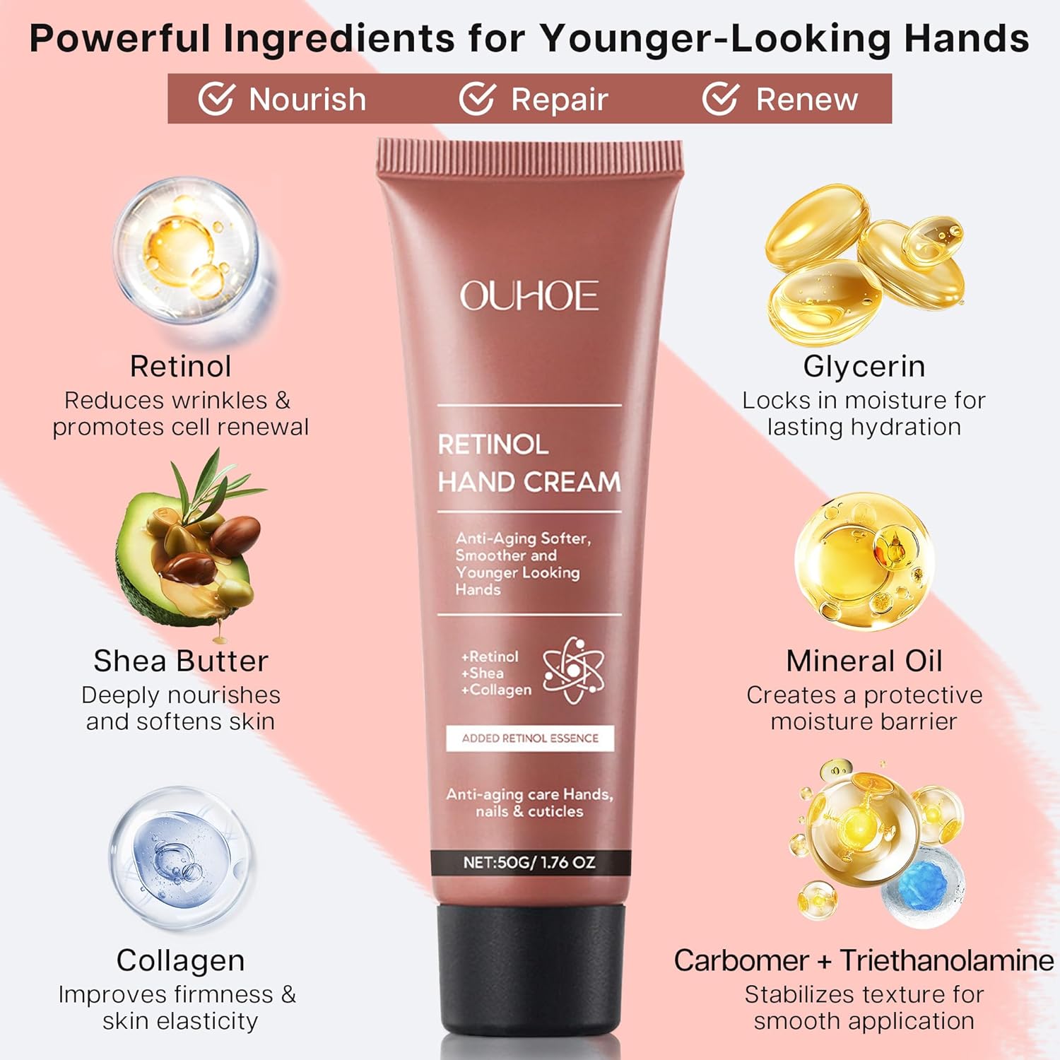 VRAIKO OUHOE Retinol Anti-Aging Hand Cream, Mineral Hand Moisturizer with Retinol, Shea Butter and Collagen, for Younger Looking Hands, Soft Smooth Skin, Nails & Cuticles (2-Pack) - View 4 of 5