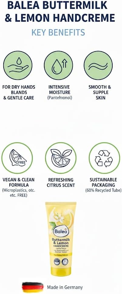 Balea Hand Cream Buttermilk & Lemon Intensive Moisture for Dry Hands | With Buttermilk, Zesty Lemon Extract & Panthenol | Refreshing Citrus Scent | Vegan | Made in Germany, 100 ml - View 3 of 5