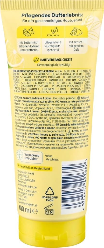 Balea Hand Cream Buttermilk & Lemon Intensive Moisture for Dry Hands | With Buttermilk, Zesty Lemon Extract & Panthenol | Refreshing Citrus Scent | Vegan | Made in Germany, 100 ml - View 4 of 5