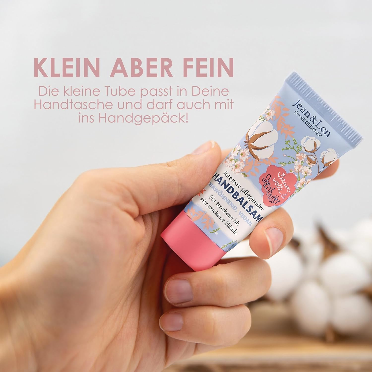 Jean & Len Hand Balm Cotton & Shea Butter, Hand Care for Dry to Very Dry Hands, Intensively Nourishes and is Particularly Mild, No Parabens & Silicones, Vegan, Mini Hand Cream, 20 ml - View 2 of 6
