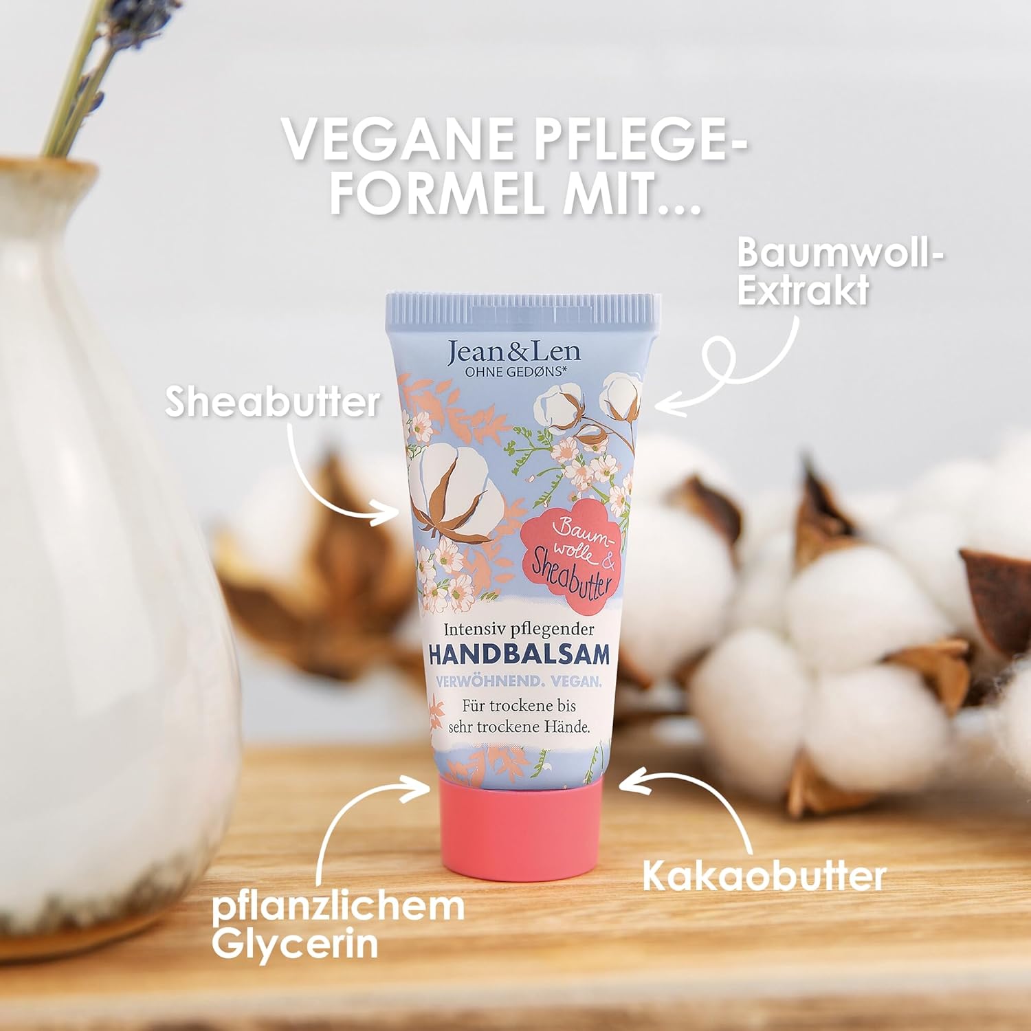 Jean & Len Hand Balm Cotton & Shea Butter, Hand Care for Dry to Very Dry Hands, Intensively Nourishes and is Particularly Mild, No Parabens & Silicones, Vegan, Mini Hand Cream, 20 ml - View 4 of 6