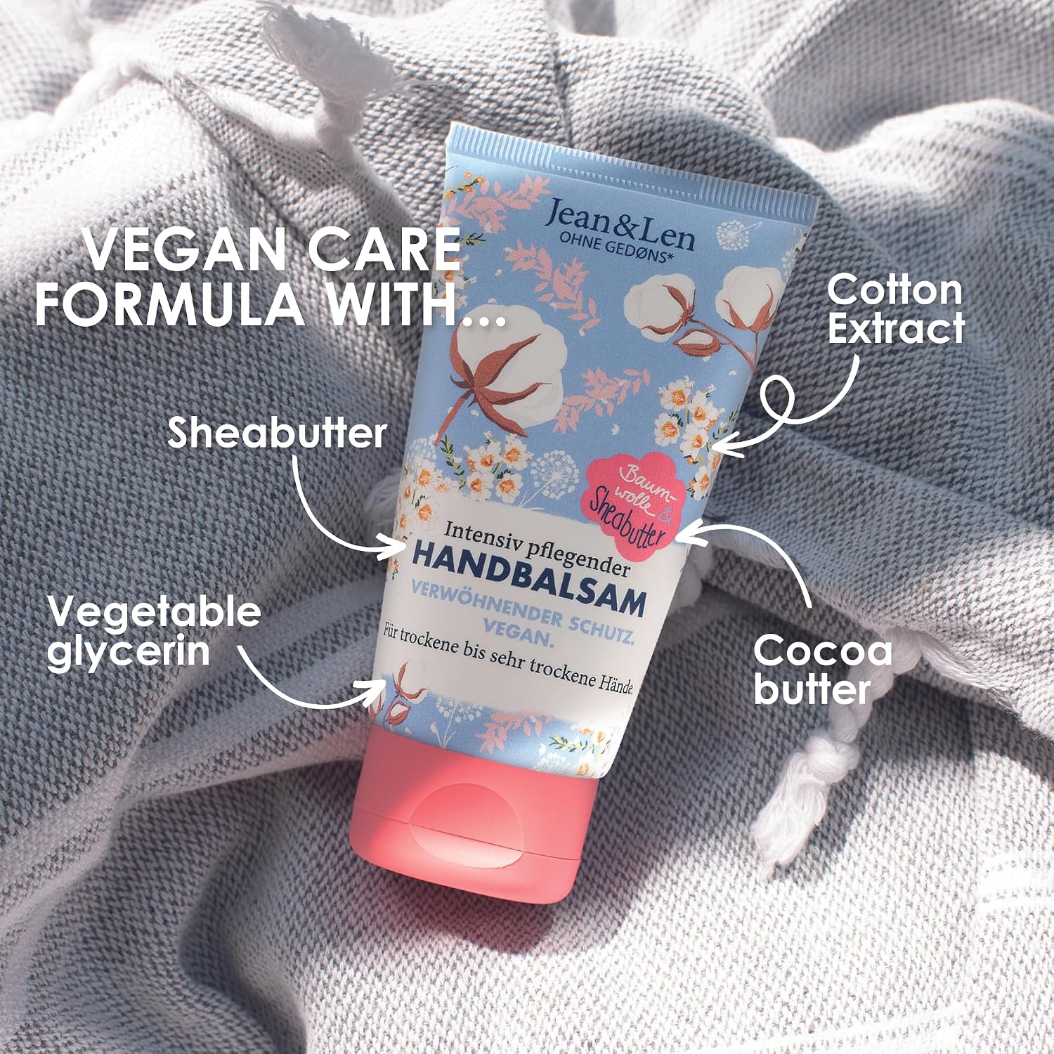 Jean & Len Hand Balm Cotton & Shea Butter, Hand Care for Dry to Very Dry Hands, Intensively Nourishes and is Particularly Mild, No Parabens and Silicones, Vegan, Hand Cream Tube, 75 ml - View 3 of 5