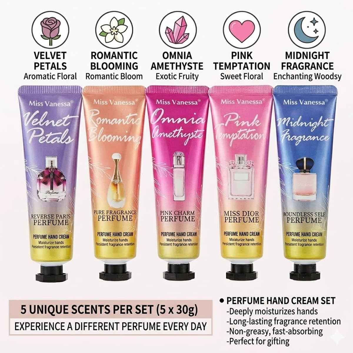5 Pcs Perfume Hand Cream Gift Set for Women Deeply Moisturizing Long Lasting Fragrance Scented Hand Lotion Travel Size 30g Non-Greasy (1 Set (5 Tubes)) - View 3 of 4
