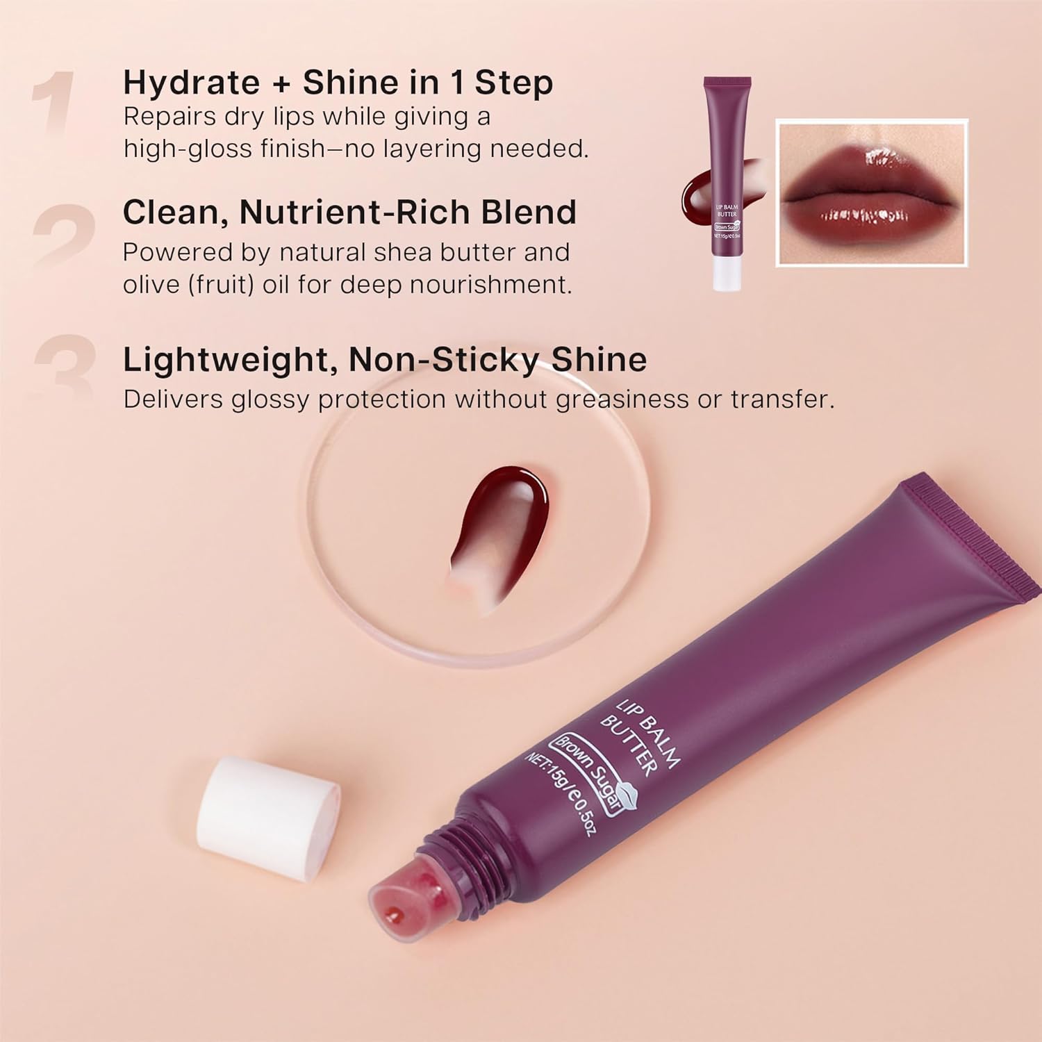 VRAIKO 2-in-1 Silky Lip Butter Balm & Lip Gloss, Hydration with Shea & Olive Oil Blend, Non-Sticky Moisture for Chapped Lips, Natural Ingredients (Brown Sugar) - View 4 of 4
