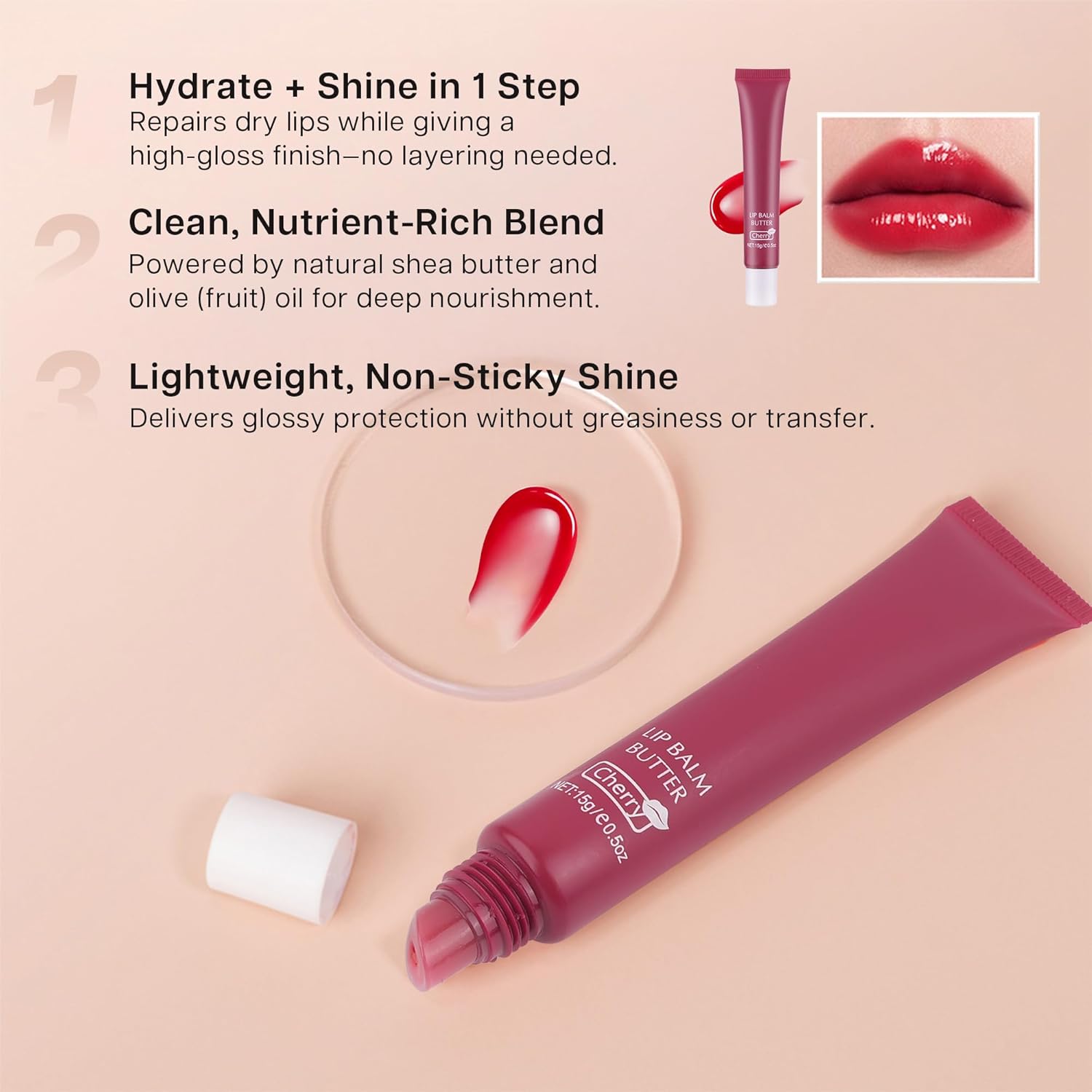 VRAIKO 2-in-1 Silky Lip Butter Balm & Lip Gloss, Hydration with Shea & Olive Oil Blend, Non-Sticky Moisture for Chapped Lips, Natural Ingredients (Cherry) - View 5 of 5